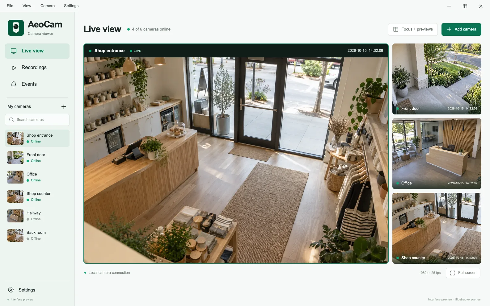 AeoCam multi-camera monitoring interface preview with one large camera view and three smaller live feeds